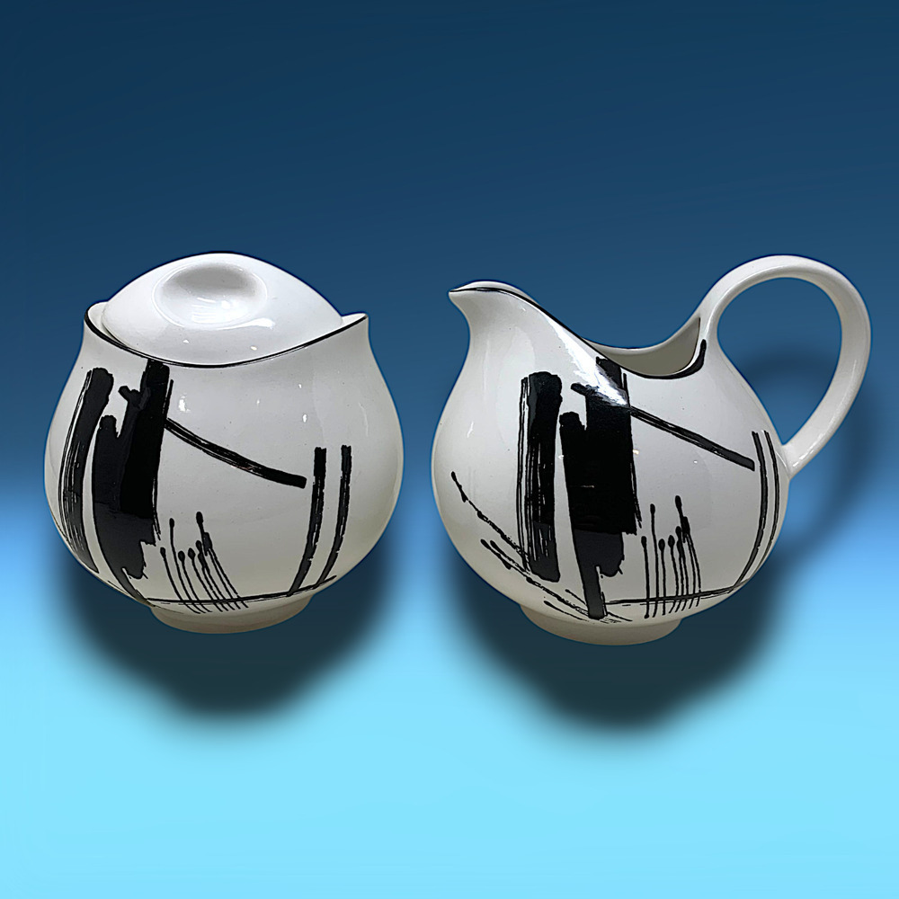 Vintage 1986 Sango x Larry Laslo "Calligraphy" 2 Pc Cream & Lidded Sugar Bowl